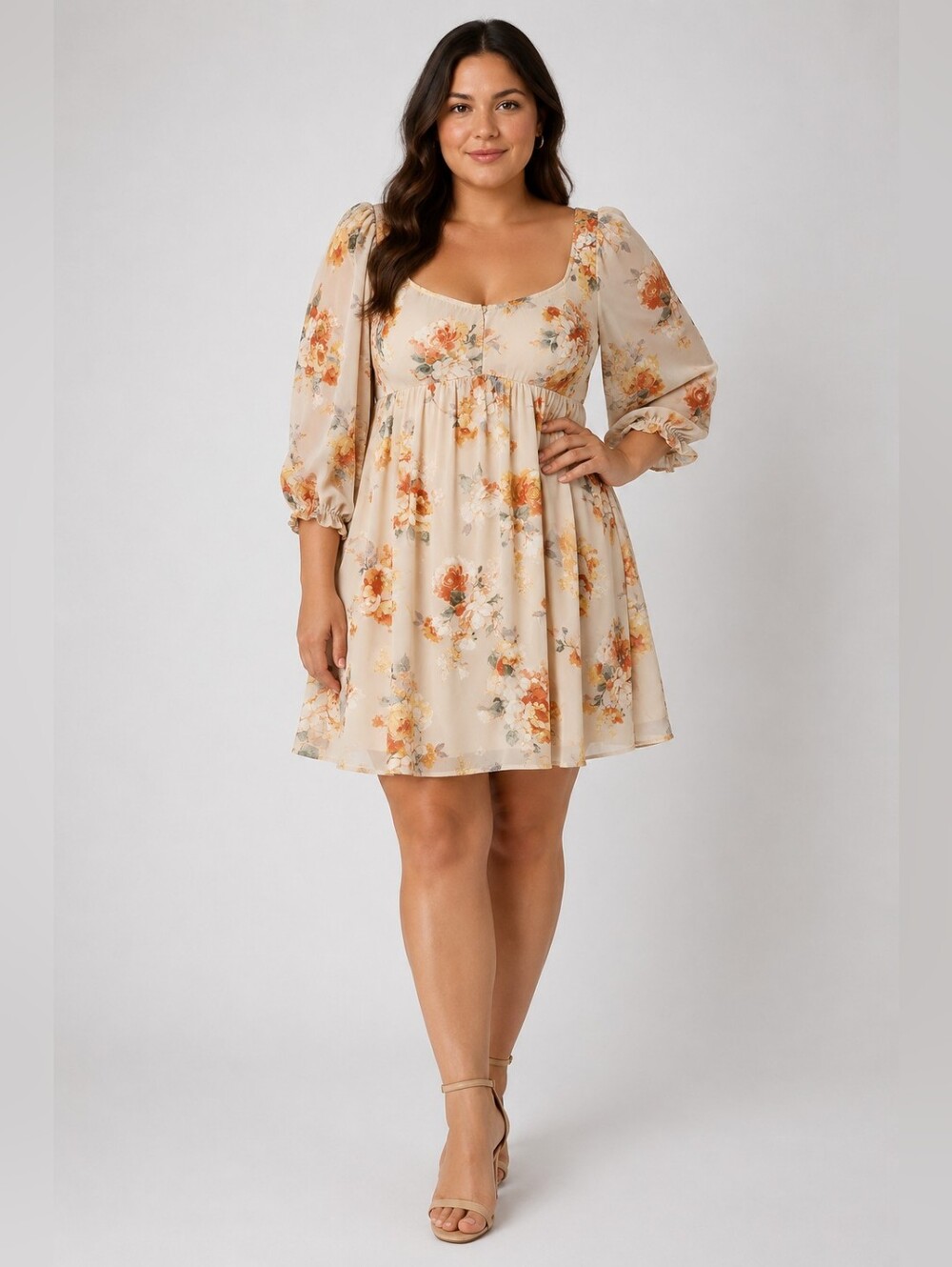 Sweet Lemon Floral Empire-Waist Mini Dress in Cream Size Small